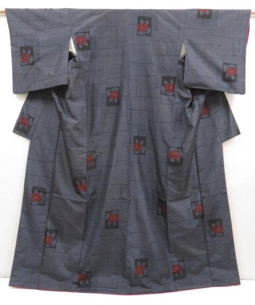 Photo1: 5321T12z820 Vintage Japanese Kimono Silk TSUMUGI Camellia Navy-Gray (1)