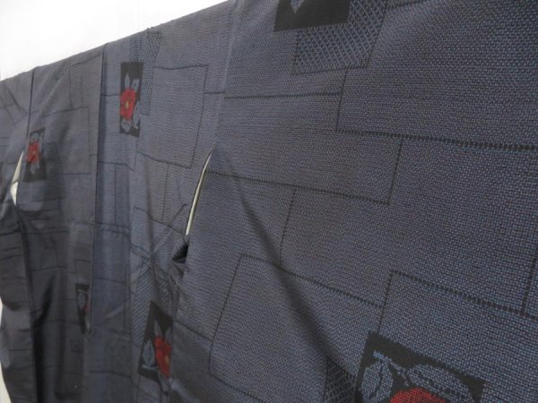 Photo2: 5321T12z820 Vintage Japanese Kimono Silk TSUMUGI Camellia Navy-Gray (2)