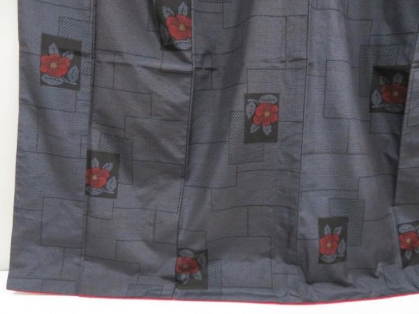 Photo4: 5321T12z820 Vintage Japanese Kimono Silk TSUMUGI Camellia Navy-Gray (4)
