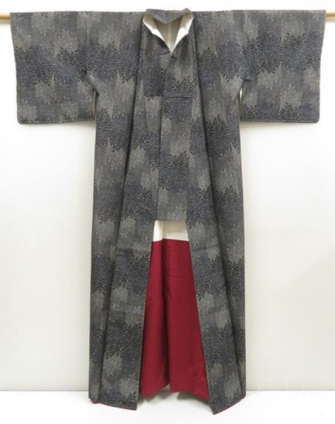 Photo8: 5321T13z740 Vintage Japanese Kimono Silk TSUMUGI Leaf Dark gray (8)