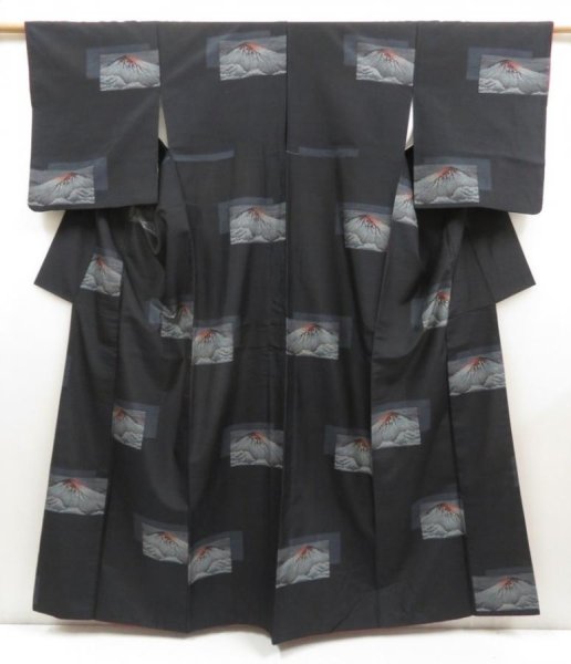 Photo1: 5321T14z830 Vintage Japanese Kimono Silk TSUMUGI Mt.Fuji Black (1)
