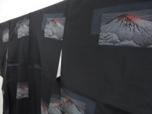 Photo2: 5321T14z830 Vintage Japanese Kimono Silk TSUMUGI Mt.Fuji Black (2)