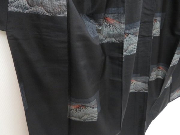 Photo3: 5321T14z830 Vintage Japanese Kimono Silk TSUMUGI Mt.Fuji Black (3)