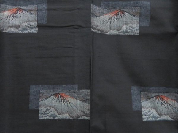 Photo5: 5321T14z830 Vintage Japanese Kimono Silk TSUMUGI Mt.Fuji Black (5)