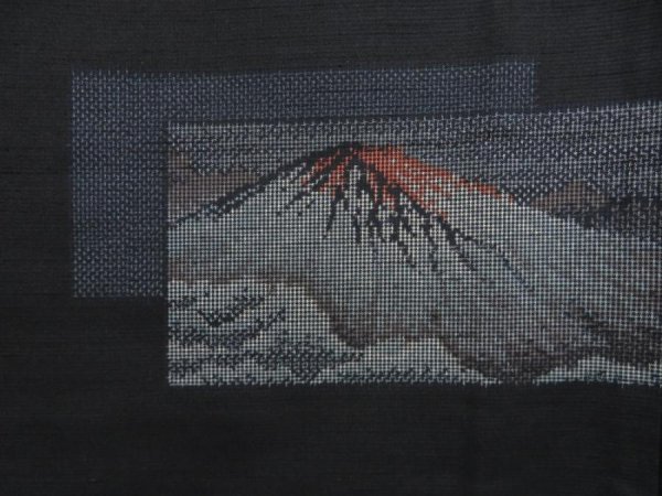 Photo6: 5321T14z830 Vintage Japanese Kimono Silk TSUMUGI Mt.Fuji Black (6)