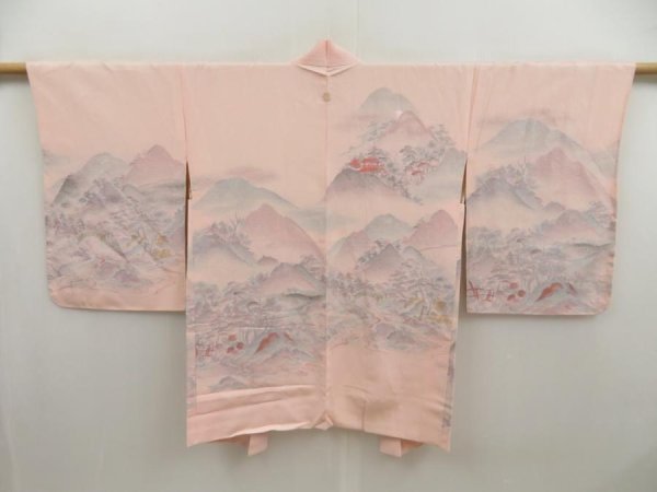 Photo1: 5321T04z610 Vintage Japanese Kimono Silk HAORI Scenery Pink (1)