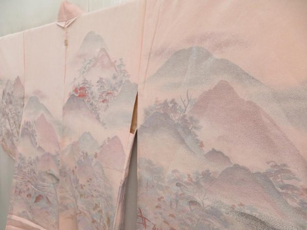 Photo2: 5321T04z610 Vintage Japanese Kimono Silk HAORI Scenery Pink (2)