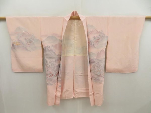 Photo6: 5321T04z610 Vintage Japanese Kimono Silk HAORI Scenery Pink (6)
