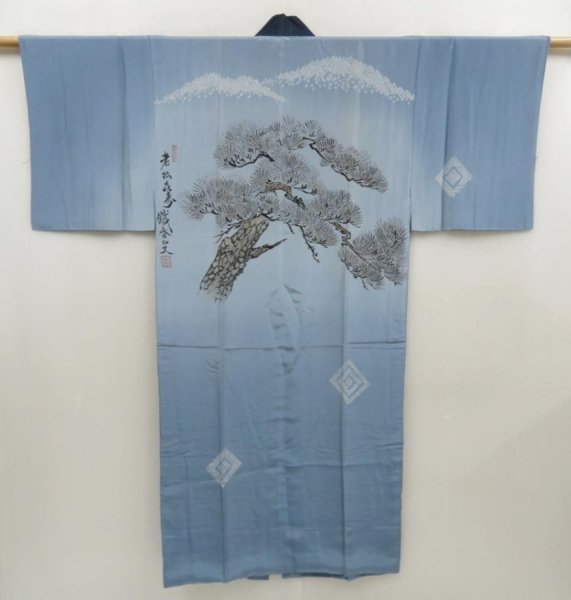 Photo1: 5326T02z390  Japanese Kimono Silk Men's JUBAN Pine Steel blue (1)