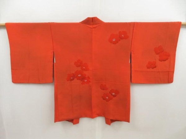 Photo1: 5326T10z580 Vintage Japanese Kimono Silk HAORI Flower Orange-Red (1)