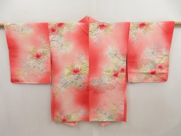 Photo1: 5327T02z500 Vintage Japanese Kimono Silk HAORI Flower Coral pink (1)