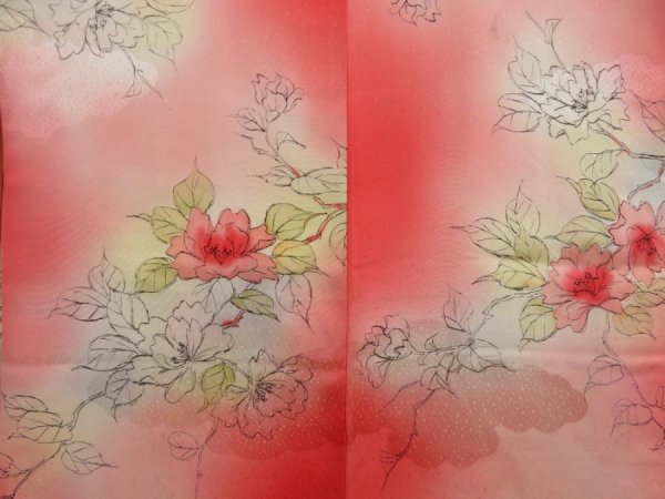 Photo3: 5327T02z500 Vintage Japanese Kimono Silk HAORI Flower Coral pink (3)