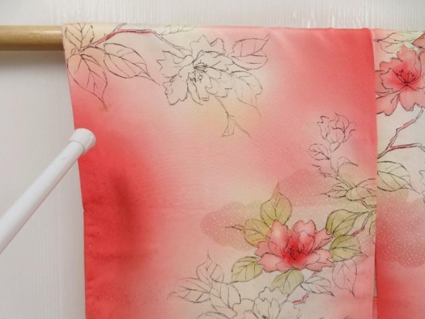 Photo5: 5327T02z500 Vintage Japanese Kimono Silk HAORI Flower Coral pink (5)
