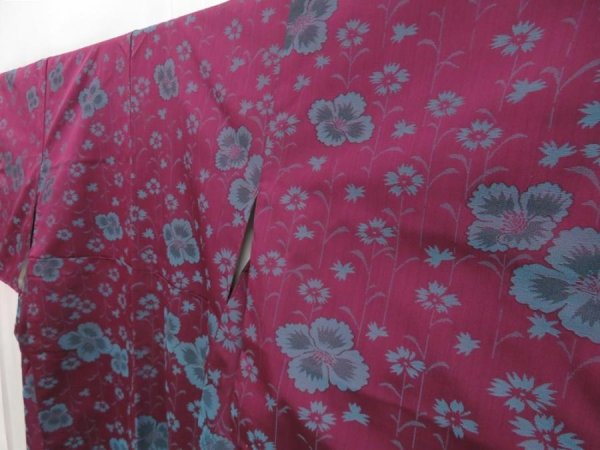 Photo2: 5327T07z730 Vintage Japanese Kimono Silk TSUMUGI Flower Dark grape (2)