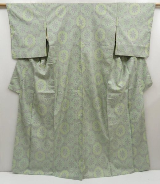 Photo1: 5327T08z710 Vintage Japanese Kimono Silk TSUMUGI Flower Light green (1)