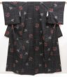 Photo1: 5327T11z790 Vintage Japanese Kimono Silk TSUMUGI Flower Black (1)
