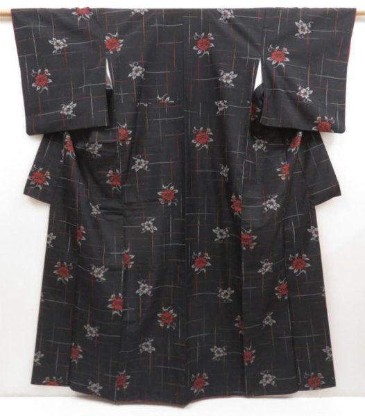 Photo1: 5327T11z790 Vintage Japanese Kimono Silk TSUMUGI Flower Black (1)