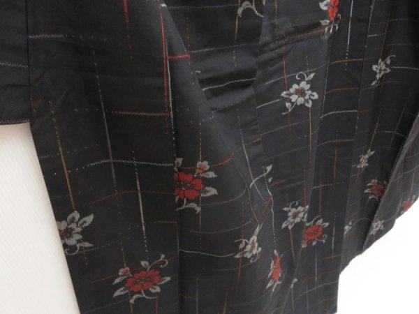 Photo3: 5327T11z790 Vintage Japanese Kimono Silk TSUMUGI Flower Black (3)