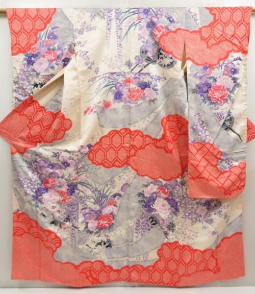 Photo1: 5327T12z1040 Vintage Japanese Kimono Silk FURISODE Flower cart Tomato red (1)