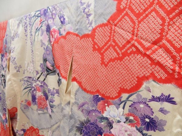 Photo2: 5327T12z1040 Vintage Japanese Kimono Silk FURISODE Flower cart Tomato red (2)