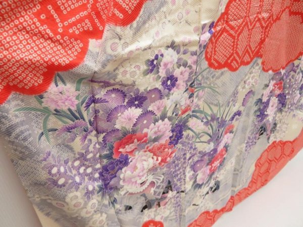 Photo3: 5327T12z1040 Vintage Japanese Kimono Silk FURISODE Flower cart Tomato red (3)