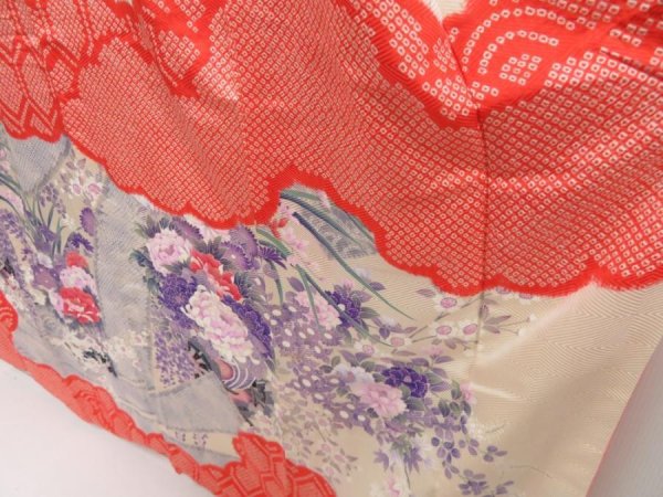 Photo4: 5327T12z1040 Vintage Japanese Kimono Silk FURISODE Flower cart Tomato red (4)