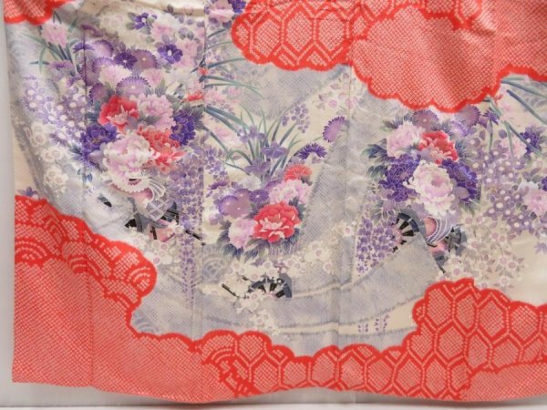Photo5: 5327T12z1040 Vintage Japanese Kimono Silk FURISODE Flower cart Tomato red (5)
