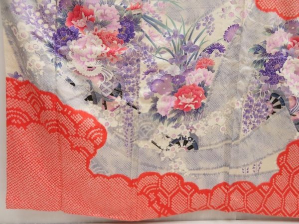 Photo6: 5327T12z1040 Vintage Japanese Kimono Silk FURISODE Flower cart Tomato red (6)