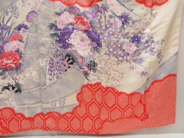 Photo7: 5327T12z1040 Vintage Japanese Kimono Silk FURISODE Flower cart Tomato red (7)