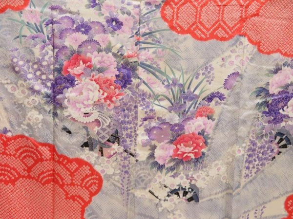 Photo8: 5327T12z1040 Vintage Japanese Kimono Silk FURISODE Flower cart Tomato red (8)