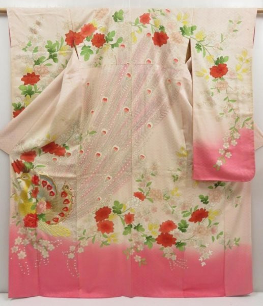 Photo1: 5327T13z1140 Vintage Japanese Kimono Silk FURISODE Peacock Light pink (1)