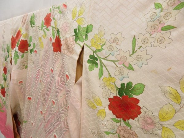 Photo2: 5327T13z1140 Vintage Japanese Kimono Silk FURISODE Peacock Light pink (2)