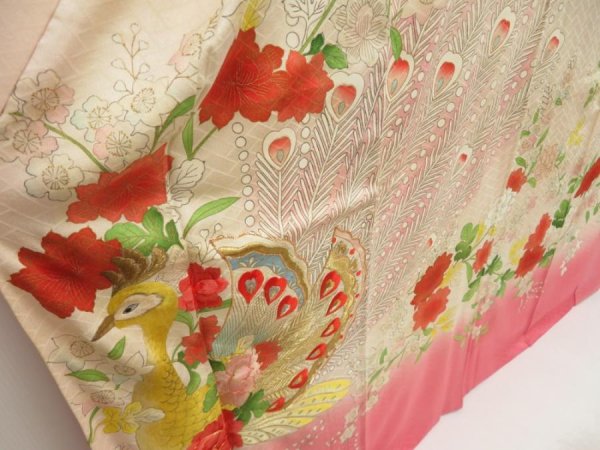 Photo3: 5327T13z1140 Vintage Japanese Kimono Silk FURISODE Peacock Light pink (3)