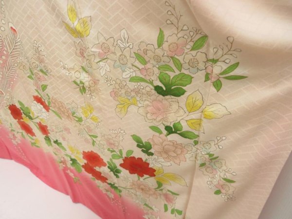 Photo4: 5327T13z1140 Vintage Japanese Kimono Silk FURISODE Peacock Light pink (4)
