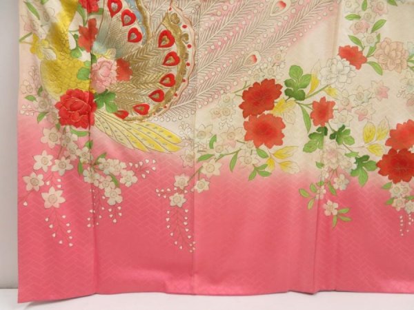 Photo6: 5327T13z1140 Vintage Japanese Kimono Silk FURISODE Peacock Light pink (6)