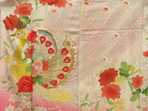 Photo8: 5327T13z1140 Vintage Japanese Kimono Silk FURISODE Peacock Light pink (8)