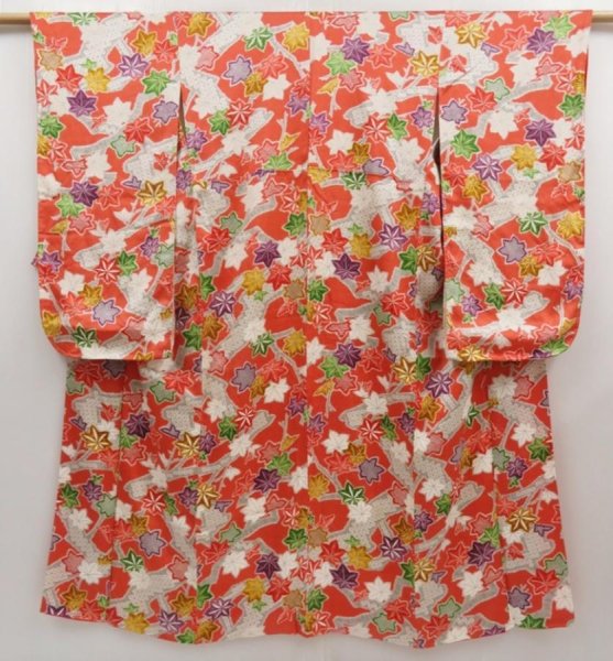 Photo1: 5327T14z860 Vintage Japanese Kimono Silk CHU-FURISODE Maple Dark orange (1)