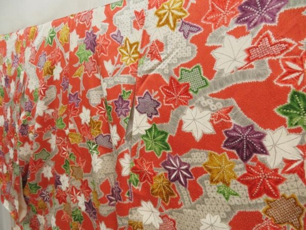 Photo2: 5327T14z860 Vintage Japanese Kimono Silk CHU-FURISODE Maple Dark orange (2)