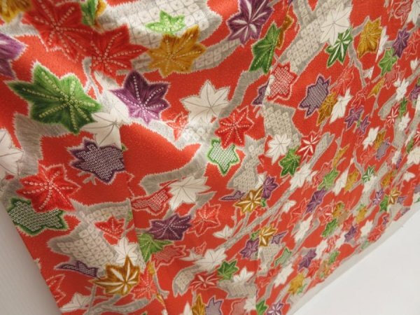 Photo3: 5327T14z860 Vintage Japanese Kimono Silk CHU-FURISODE Maple Dark orange (3)