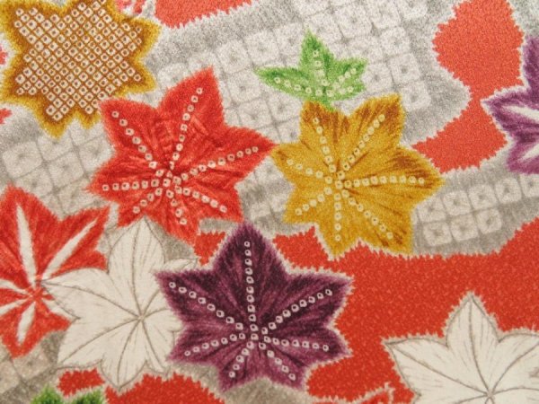 Photo6: 5327T14z860 Vintage Japanese Kimono Silk CHU-FURISODE Maple Dark orange (6)