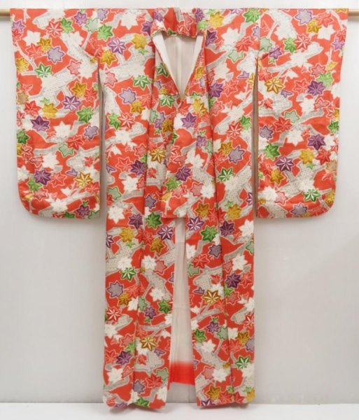 Photo8: 5327T14z860 Vintage Japanese Kimono Silk CHU-FURISODE Maple Dark orange (8)