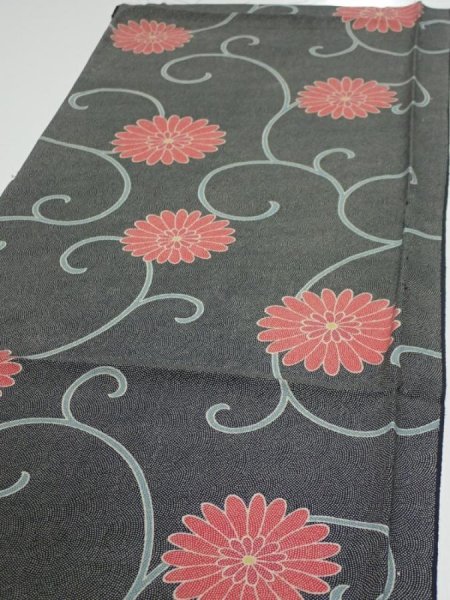 Photo3: 4L01z60  Japanese Kimono Silk  FABRIC Chrysanthemum Black 47.2x14.6 (3)