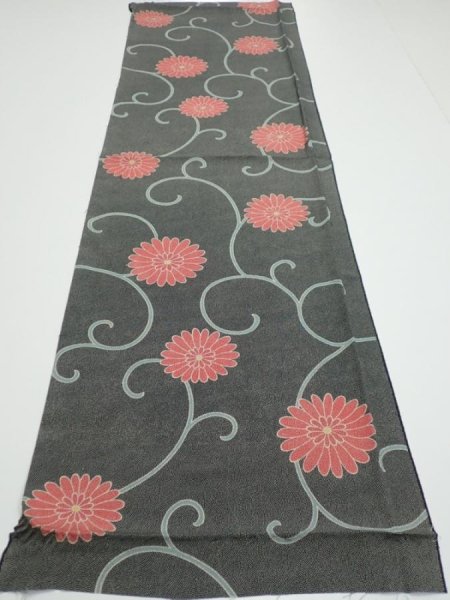 Photo4: 4L01z60  Japanese Kimono Silk  FABRIC Chrysanthemum Black 47.2x14.6 (4)