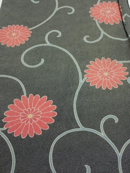 Photo1: 4L02z60  Japanese Kimono Silk  FABRIC Chrysanthemum Black 47.2x14.6 (1)