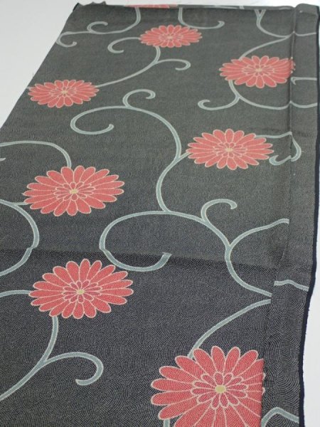 Photo3: 4L02z60  Japanese Kimono Silk  FABRIC Chrysanthemum Black 47.2x14.6 (3)