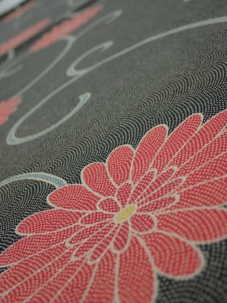 Photo4: 4L02z60  Japanese Kimono Silk  FABRIC Chrysanthemum Black 47.2x14.6 (4)
