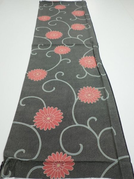 Photo5: 4L02z60  Japanese Kimono Silk  FABRIC Chrysanthemum Black 47.2x14.6 (5)