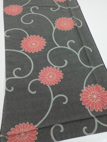 Photo2: 4L03z90  Japanese Kimono Silk  FABRIC Chrysanthemum Black 65.4x14.6 (2)