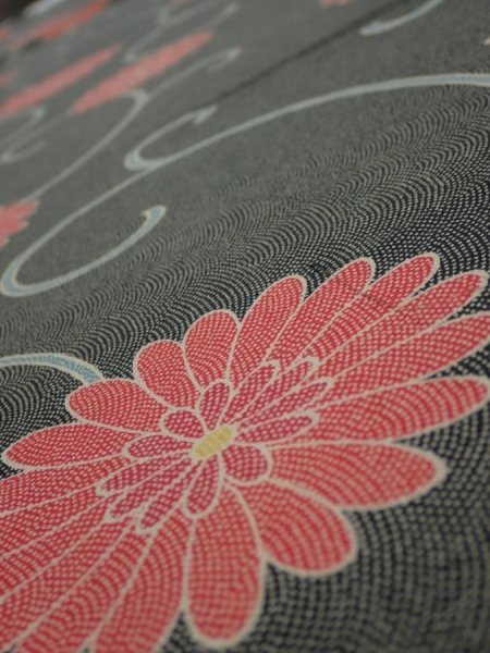 Photo4: 4L03z90  Japanese Kimono Silk  FABRIC Chrysanthemum Black 65.4x14.6 (4)