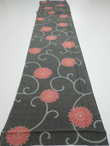 Photo5: 4L05z90  Japanese Kimono Silk  FABRIC Chrysanthemum Black 65.0x14.6 (5)